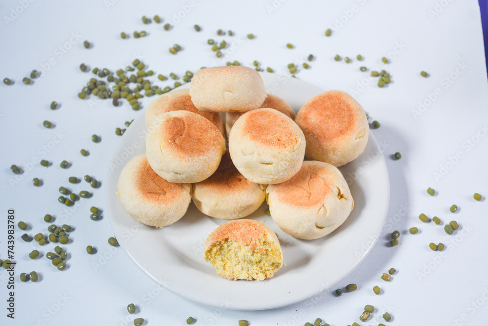 Typical snack from Java, Indonesia. Bakpia filled with nuts, black coffee and dates