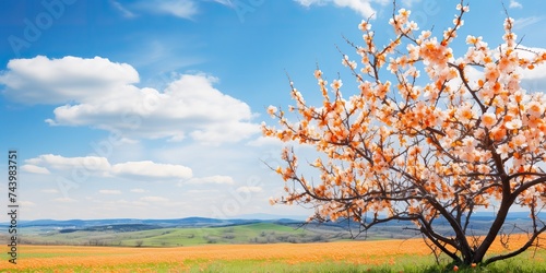 Nature outdoor blooming blossom apricot tree with many flowers on a sunny day meadow landscape scene