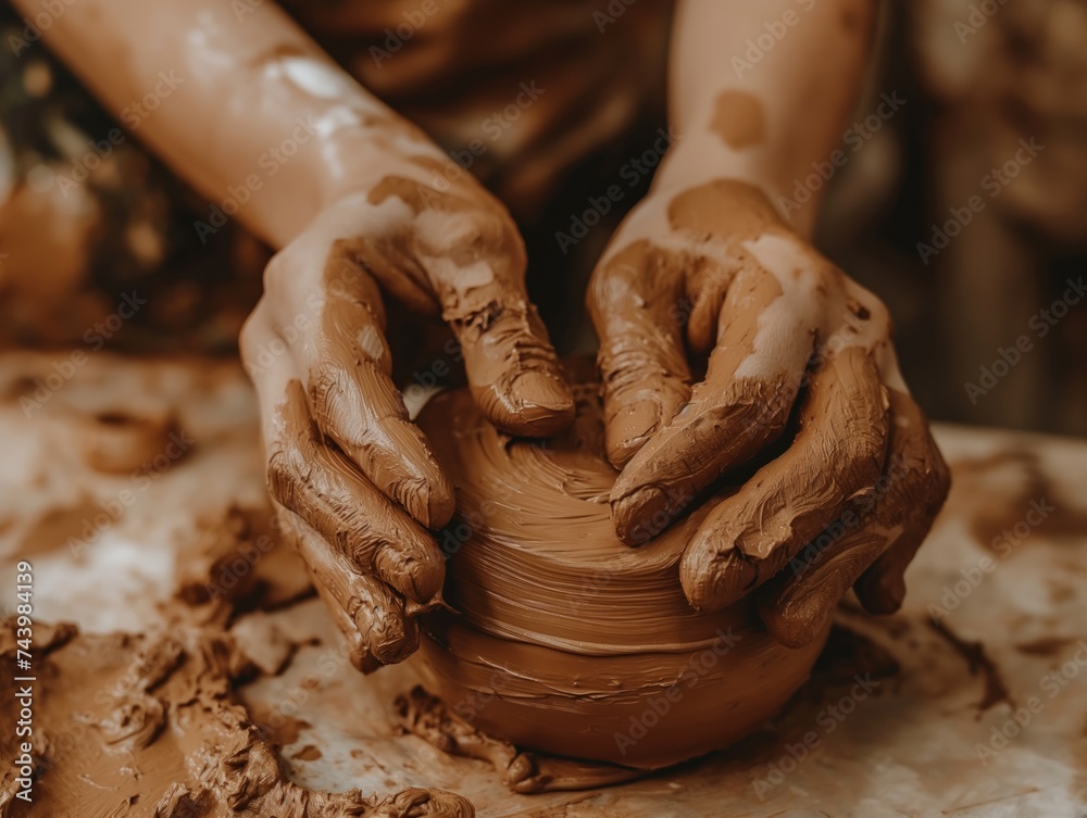 Close-up of hands sculpting clay into a unique piece of pottery in a ceramics studio