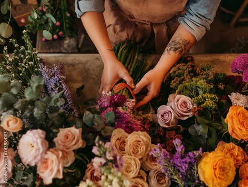Close-up of hands arranging flowers into a beautiful bouquet in a floral design studio