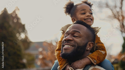 Father and Daughter Enjoying Outdoor Playtime. Joyful father carrying his daughter on his shoulders during a golden hour, reflecting a happy family moment . mother day concept.