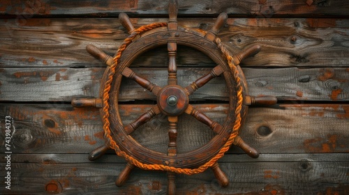 brown wooden steering wheel and orange rope over a wooden background, capturing the essence of maritime adventure and rustic charm.