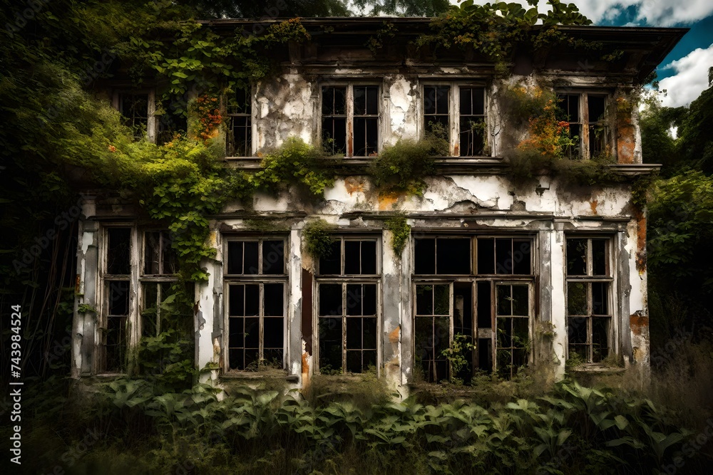 An abandoned, weathered building with peeling paint and cracked windows, standing against the backdrop of a vibrant, overgrown garden. 