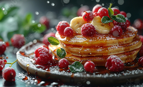 Illustration of a stack of banana pancakes with honey, in the style of a cozy home breakfast, bokeh panorama, ray tracing, looks very tasty. Homemade food. Rustic. photo
