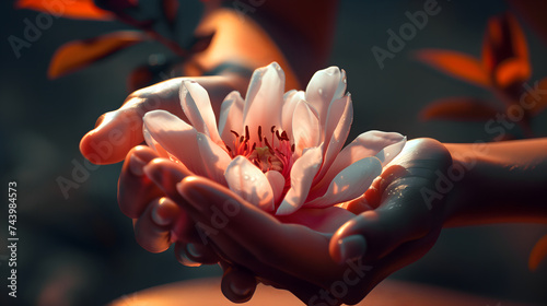 Close-up of a woman's hands holding a blooming flower for Women's Day greeting cards, presentation or background. Both hands of a black woman is holding a pink flower on dark background. photo