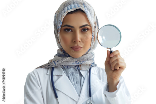 A woman dermatopathologist wearing a white coat and a scarf, holding a magnifying glass and a skin biopsy on a white background. photo