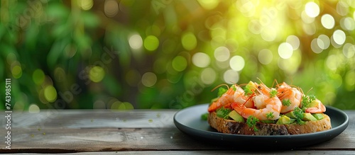 Blackened shrimp avocado toast on a black plate outside at a table. with copy space image. Place for adding text or design