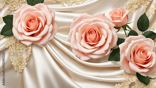 Beautiful 3D background decorations in the form of light roses and a luxurious silk background print
