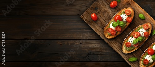 Bruschetta with cherry tomatoes mozzarella cheese and pesto sauce on wooden board Traditional italian appetizer or snack antipasto. with copy space image. Place for adding text or design