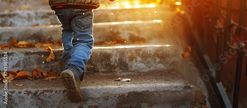 Boy wearing jeans and vest goes upstairs with burnt calories marks on steps Kid runs up steps to apartment Playing child. with copy space image. Place for adding text or design photo