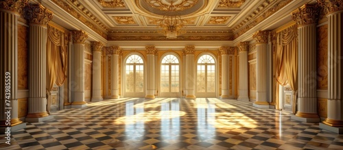 Luxury old custle interior Large hall with columnes beautiful furniture stylized baroque style. with copy space image. Place for adding text or design photo