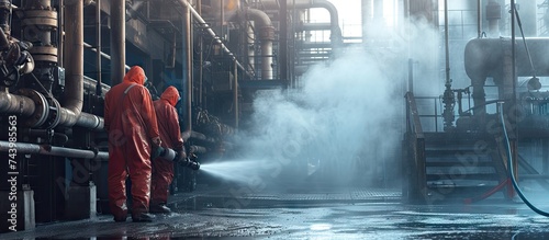 Male workers use high pressure water jets to clean splashing the dirt of tube boilers in industrial areas chemical products or toxic hazardous material sulfur. with copy space image photo