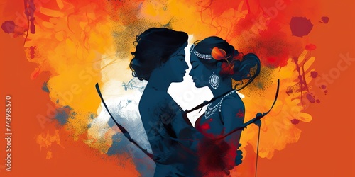 minimalistic design krishna and radha in love, the extreme right third of an image photo
