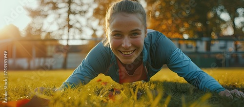 Fitness field happy and woman running for outdoor exercise cardio workout or training for marathon race Sports warm up athlete smile and morning runner doing exercise challenge on grass pitch photo