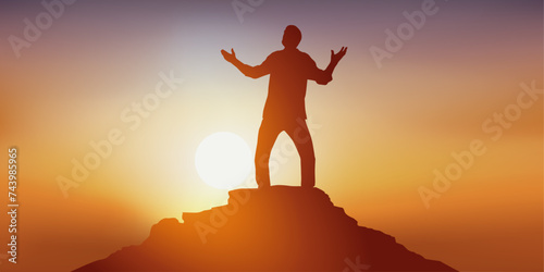 Concept du leadership et de la réussite, avec le symbole d’un homme qui atteint le premier le sommet d’une montagne.