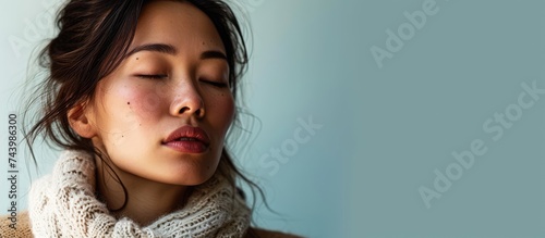 asian woman eat high sugar content food and has Gastroesophageal Reflux Disease feel uncomfortable. with copy space image. Place for adding text or design
