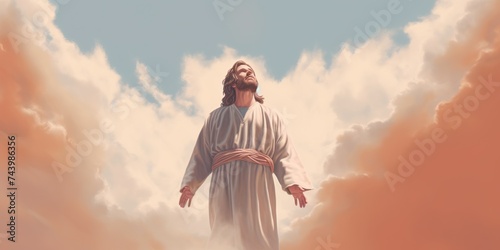 minimalistic design jesus opening the skyes close up view illustration, receiving blessings from god,