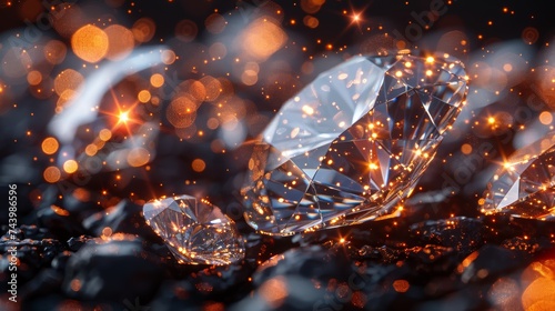 Shimmering diamonds on a dark background with light reflections photo