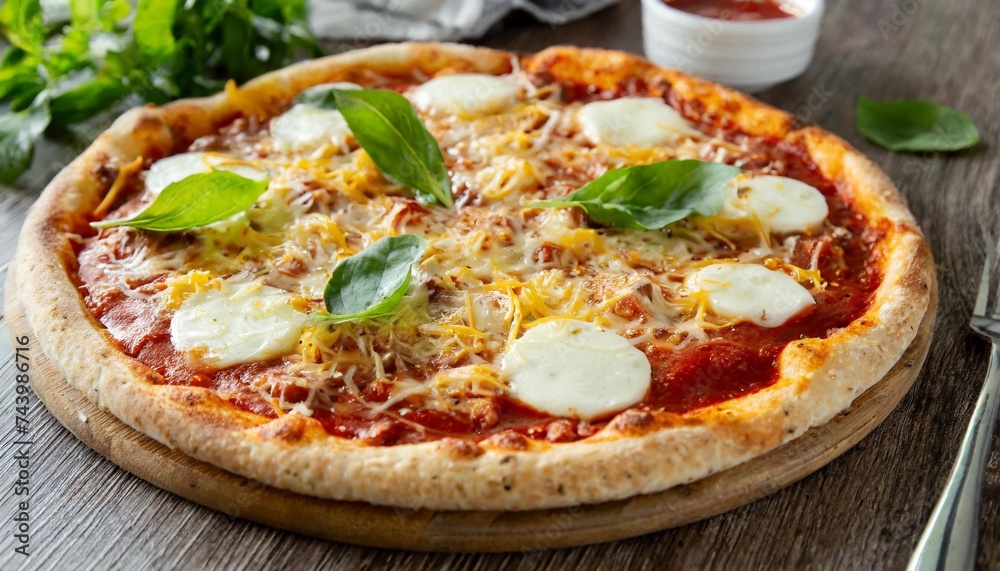 delicious pizza composed with mozzarella cheese american cheese meat red sauce with three difference cheese as toppings