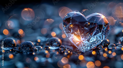 Heart-shaped diamond on a dark background with sparkling reflections photo