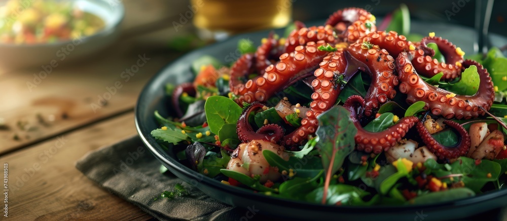 mixed salad topped with slices of marinated octopus tentacles and a spicy dressing. with copy space image. Place for adding text or design