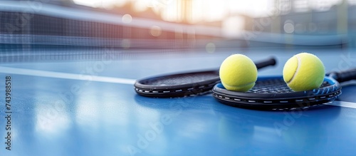 Two table tennis or ping pong rackets and balls on a blue table with net shallow DOF focus on rackets. with copy space image. Place for adding text or design