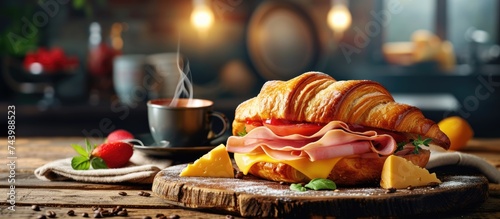 croissant sandwich with ham and cheese and take away coffee cups on wooden table. with copy space image. Place for adding text or design