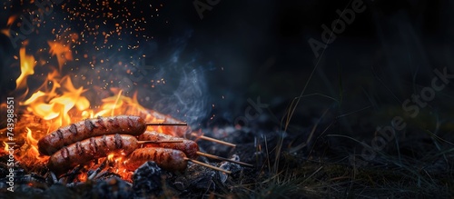 Grilling sausages over a campfire Grilling food over flames of bonfire on wooden branch stick spears in nature at night Scouts way of preparing food Campfire in the garden. with copy space image photo