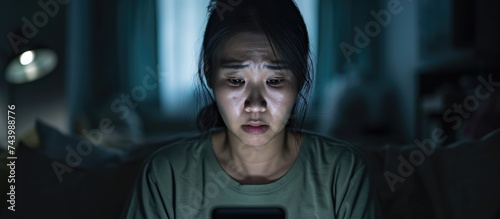 Sad young Asian woman holding smartphone texting messaging breaking up online receiving bad news over phone feeling stressed depressed dissapointed girl sitting on sofa at home reading sms mess photo