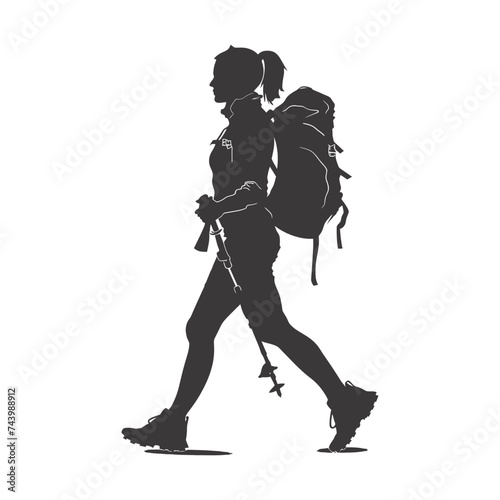 Silhouette hiking woman black color only full body