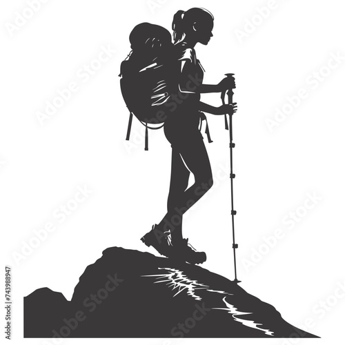 Silhouette hiking woman black color only full body