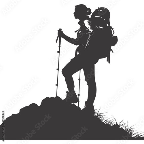 Silhouette hiking woman black color only full body