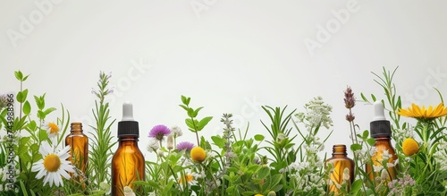 Medicinal herbs and tinctures alternative medicine Selective focus Nature. with copy space image. Place for adding text or design photo