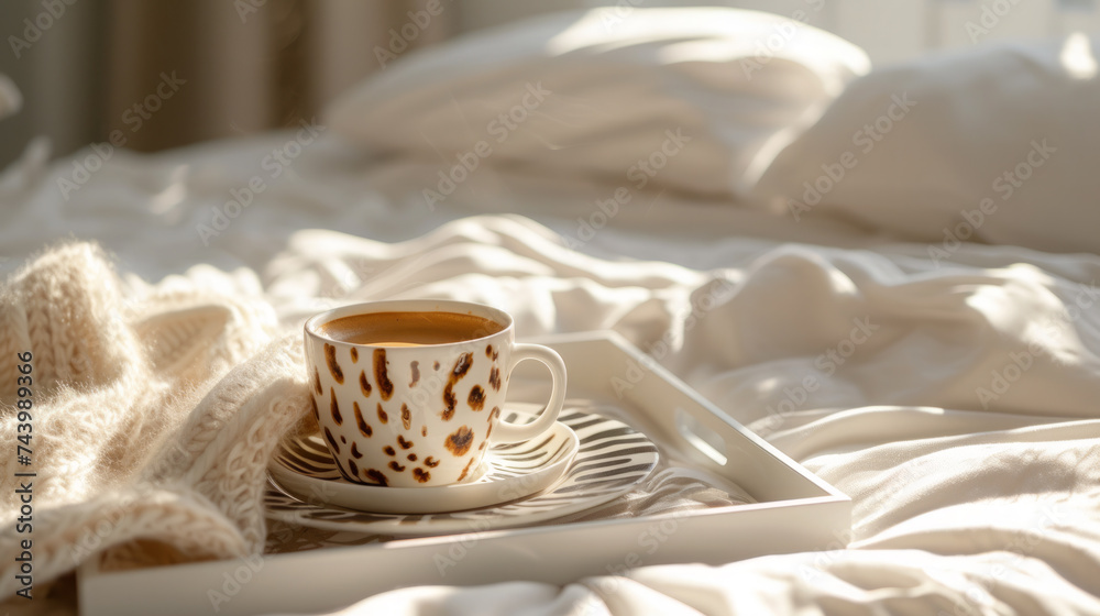 A coffee cup with a tiger print on a tray in a white bed A coffee cup with a tiger print on a tray in a white bed