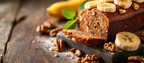 Sliced banana bread with a walnuts nuts. with copy space image. Place for adding text or design