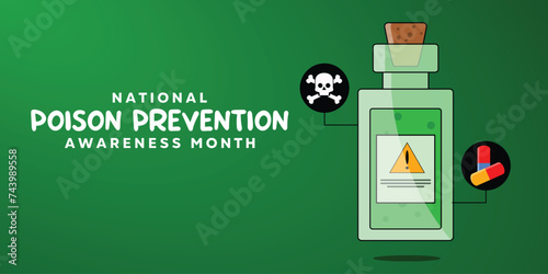National Poison Prevention Awareness Month (March). Poison, warning sign, medicine and skull. cards, banners, posters, social media and more. Green background.