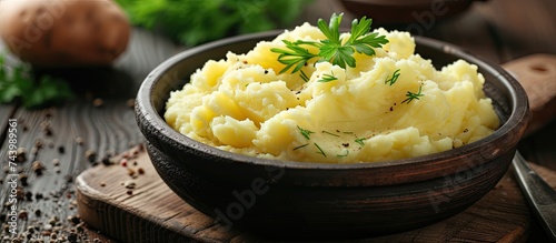 Fresh homemade creamy mashed potato in bowl Selective Focus Focus on the tip in the potato puree. with copy space image. Place for adding text or design photo
