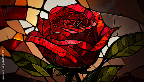 Red rose in the style of stained glass effect, like mosaic background, Ai generated image