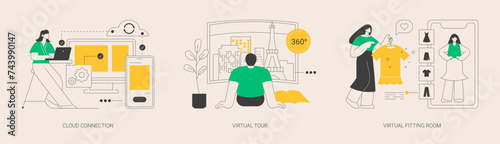 Online data transfer and virtual experience abstract concept vector illustrations.