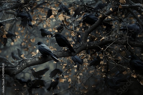 a murder of crows waiting in a dark tree