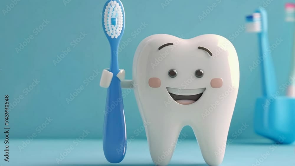 Cute white cartoon tooth hold toothbrush with paste in bathroom ...