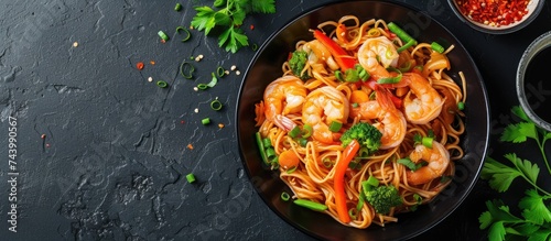 Mie Goreng in black bowl on dark slate table top Indonesian cuisine prawn noodles and vegetables stir fired dish Asian food Top view. with copy space image. Place for adding text or design