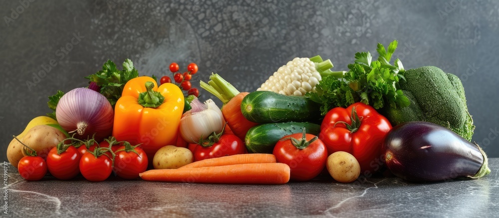 Fresh ripe juicy tasty fruit and vegetables on the counter in the market Tomatoes cucumbers zucchini carrots potatoes sweet peppers eggplants onions strawberries. with copy space image Fresh ripe juicy tasty fruit and vegetables on the counter in the market Tomatoes cucumbers zucchini carrots potatoes sweet peppers eggplants onions strawberries. with copy space image