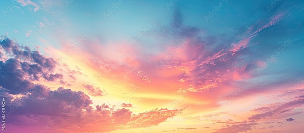 A dramatic sunset sky with lush clouds The sky is ablaze with color from the deep oranges and reds of the sunset to the wispy white clouds The clouds are arranged in a variety of shapes and siz A dramatic sunset sky with lush clouds The sky is ablaze with color from the deep oranges and reds of the sunset to the wispy white clouds The clouds are arranged in a variety of shapes and siz