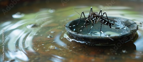 abandoned plastic bowl in a vase with stagnant water inside close up view mosquitoes in potential breeding proliferation of aedes aegypti dengue chikungunya zika virus mosquitoes