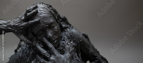 black and white portrait of a person stuck in thick viscous tar, representing pollution, illness and climate change