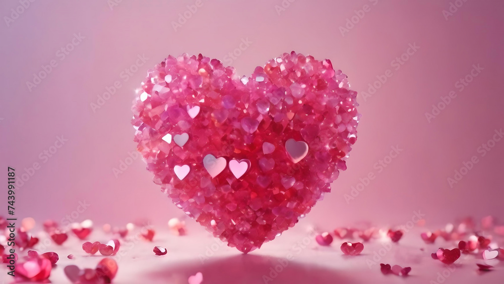 Crystal pink heart glitter on a pink background