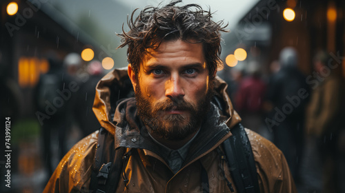 Bearded man in brown jacket. Generative AI