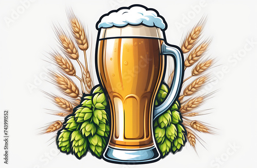 Logo, mug with beer bunch of hops and wheat, illustration