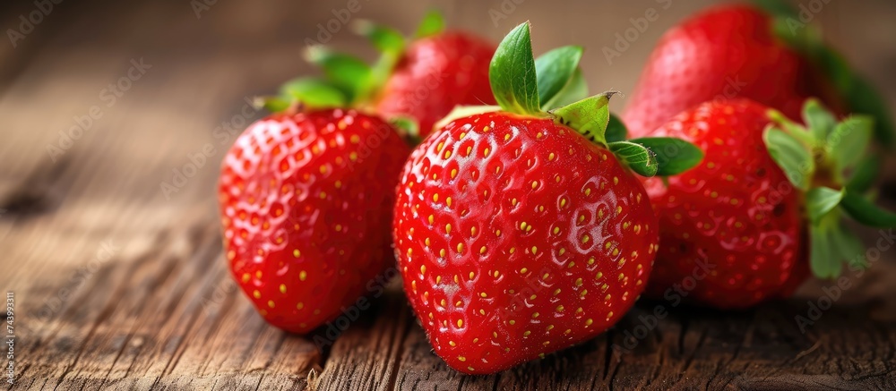 A tempting display of delicious and juicy ripe organic strawberries arranged neatly on top of a wooden table.